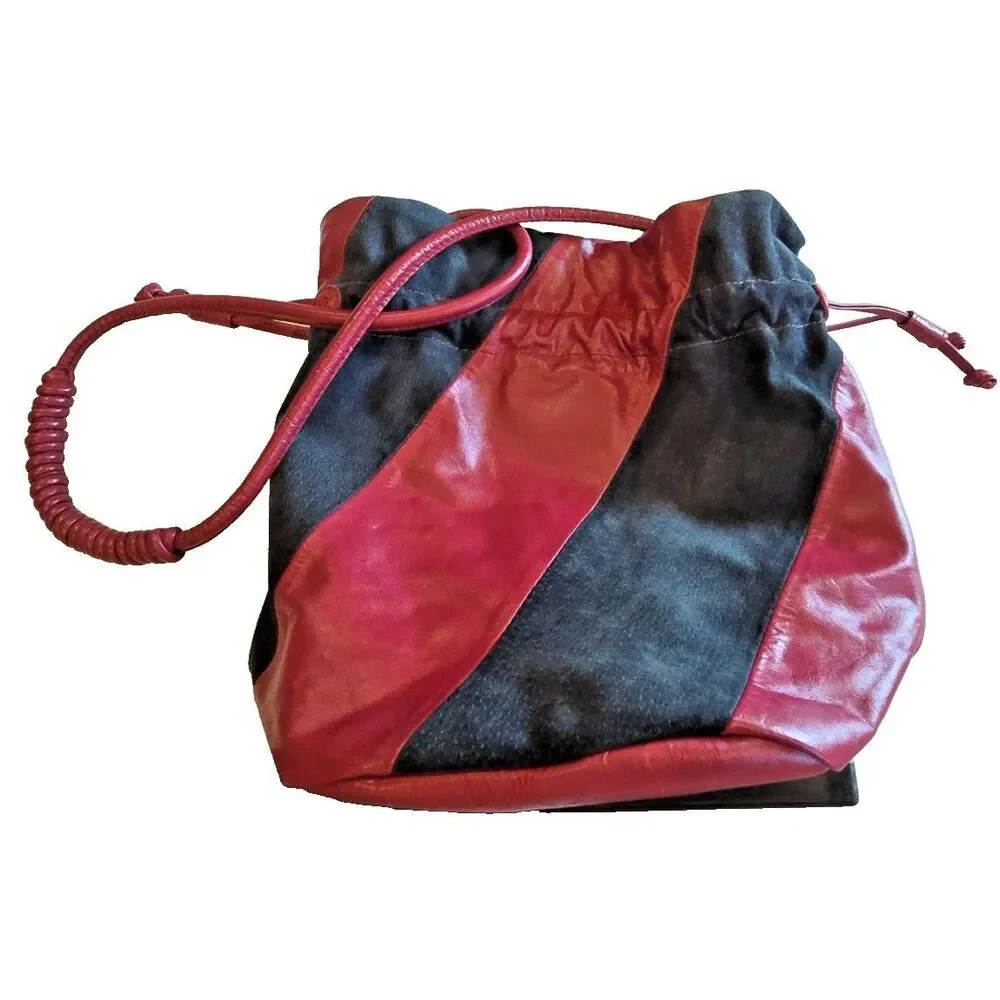 Maria Filó Brazil Red Black Leather Suede Drawstring Bucket Boho Bag Y2K